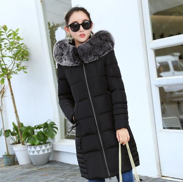 

helisopus women winter warm hooded jacket and coat fashion slim cotton coat ladies long big wool collar cotton winter, Black