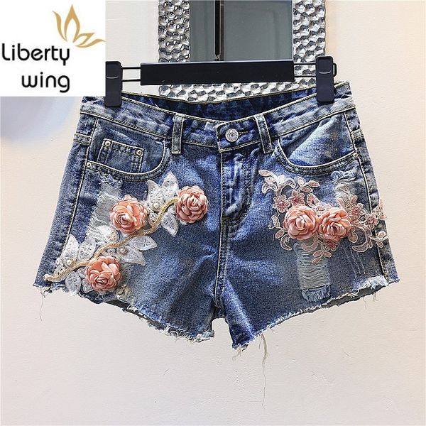 

summer new hole ripped women korean style embroidery flower sequined wide led jeans vintage short mujer, White;black