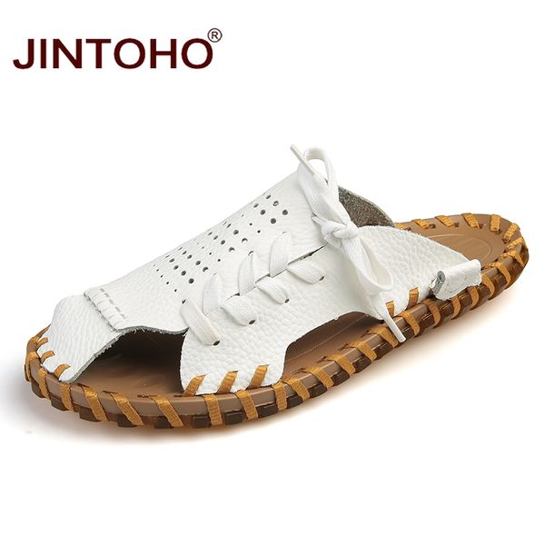 

jintoho 2018 fashion genuine leather men slippers white male slippers new summer men shoes beach massage slipper, Blue;gray