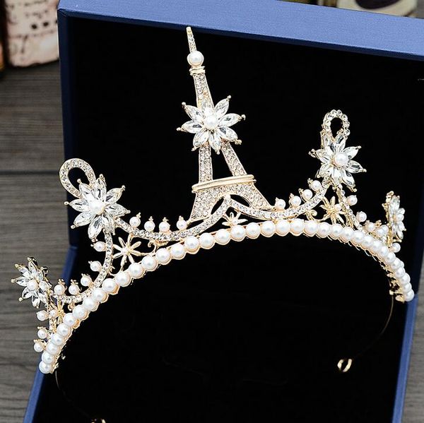 

selling high-end bride wedding crown sweet princess crown designer iron tower flower inlaid rhinestone pearl evening dress accessories, Silver