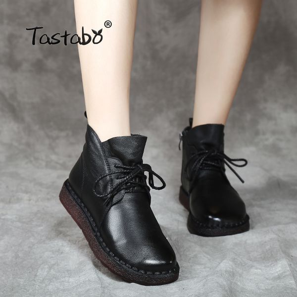 

tastabo lace-up women genuine leather ankle shoes flat with vintage lady shoes retro solid black ankle boots for women