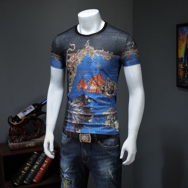 

2019 summer short sleeve t-shirt men's round neck slim fashion casual half sleeve t-shirt men's print small shirt trend top, White;black