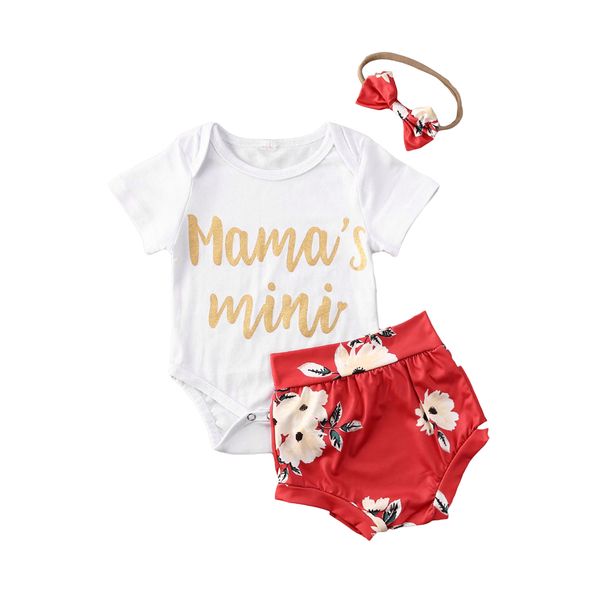 

newborn girl 3pcs summer suit short sleeve letter print jumpsuit + floral shorts + hairband set (0-18m), White