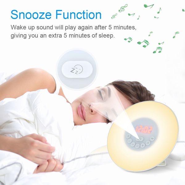 

sunrise alarm clock wake up colorful light digital clock nature sounds fm radio snooze function touch control led