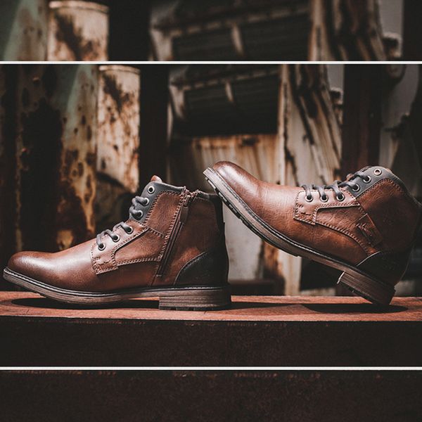 

leather men winter shoes waterproof retro ankle winter boots men #3998, Black