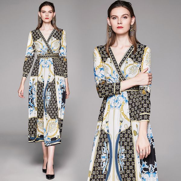

2020 elegant women's designer dress plus size long sleeve v-neck printed ladies classic dresses slim runway office button shirt dress, Black;gray