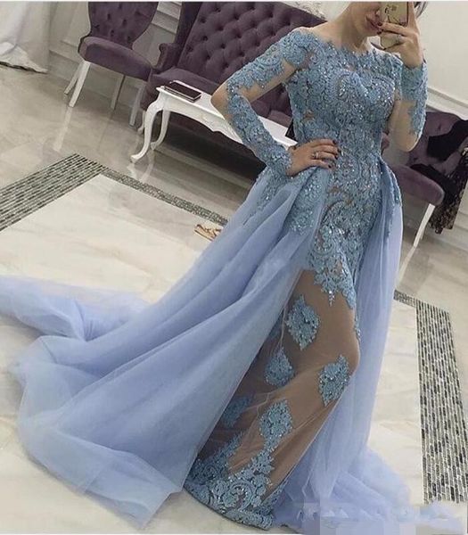 

blue muslim evening dresses 2019 sheer bateau mermaid long sleeves detachable tulle train lace beaded dubai long evening gown prom dress, Black;red