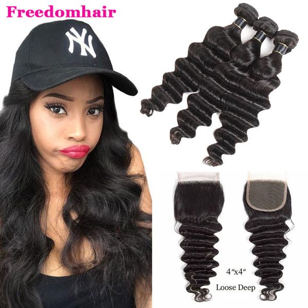 

8а бразильский сыпучие deep 3 пачки с 4x4 кружева закрытие бразильского виргинские волос объемная волна с закрытием прямой человеческих воло, Black;brown