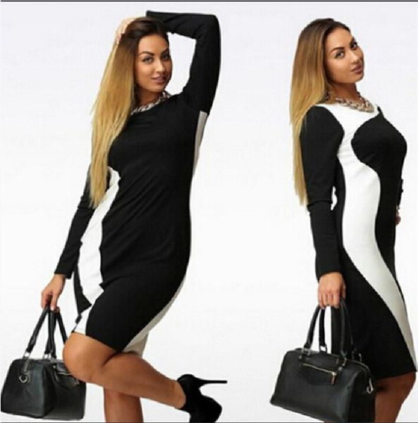 

6xl осень женские платья женщины панелями crew neck платья повседневная женская одежда с длинным рукавом, Black;gray