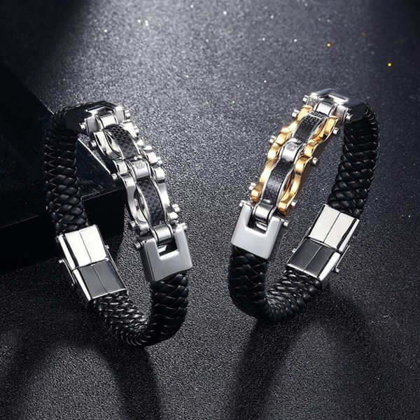 

men's stainless steel pu leather braided bracelet for man cable wire bangle cool jewelry birthday gift for boyfriend, Black