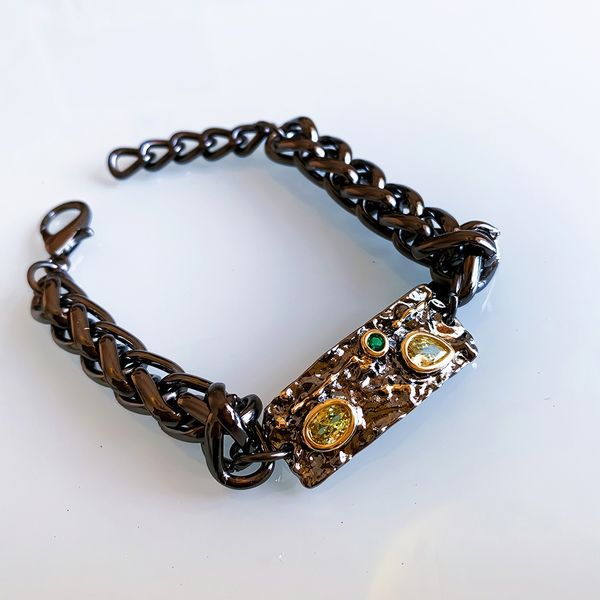 

rock thick chain bracelet black 2 tone olivine cz size cool big link bangle for women/men, Golden;silver