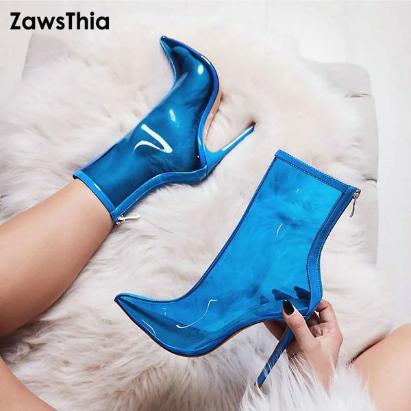 

zawsthia new women pvc ankle boots super high heels woman shoes transparent boots pointed toe stiletto jelly, Black