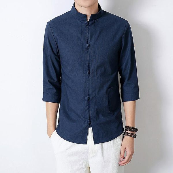 

linen cotton men shirt master clothing plus 5xl three quater sleeve flax shirt solid pocket slim retro shirts male super size  -5xl, White;black