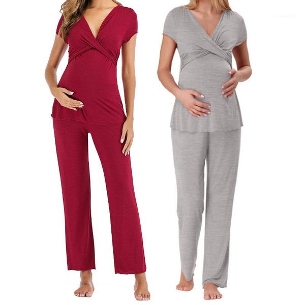 

solid color short sleeve womens pyjamas maternity pregnant womens summer sleepwear feeding bady suitable comfortable breathable loose sets, Black;red