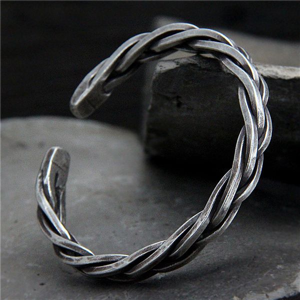 

s925 sterling silver chiang mai handmade retro thai silver vintage style twist rope male and female open ended bangle, Golden;silver