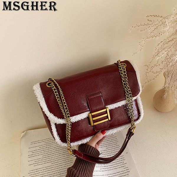 

msgher plush leather patchwork women shoulder flap bag vintage french metal chain new 2019 style fashion girl bag wb3339