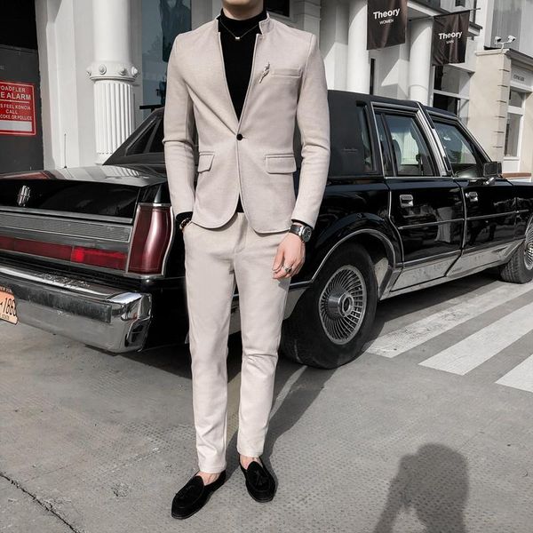 

men's suits & blazers 2021 chinese style business casual men jacket + suit pants autumn collarless male slim fit two pieces set clothin, White;black