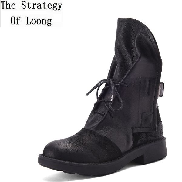 

spring autumn retro women genuine leather metal buckle cross-tied patchwork mid equestrian boots lady mid-calf boots 191117, Black