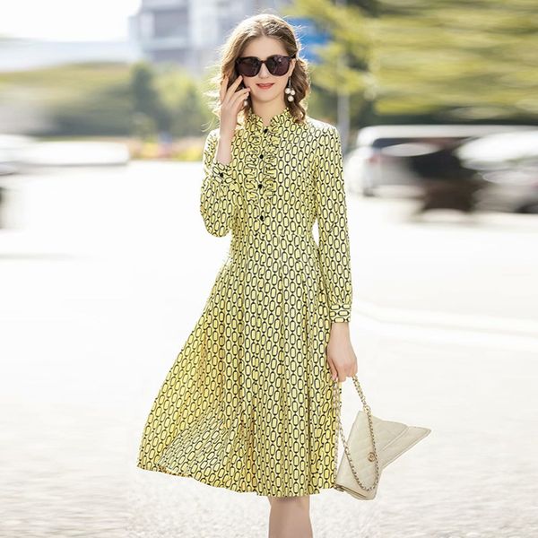 

womens designer promotion of printed dress season slim slimming ruffled long sleeve swing skirtdaxx, Black;gray