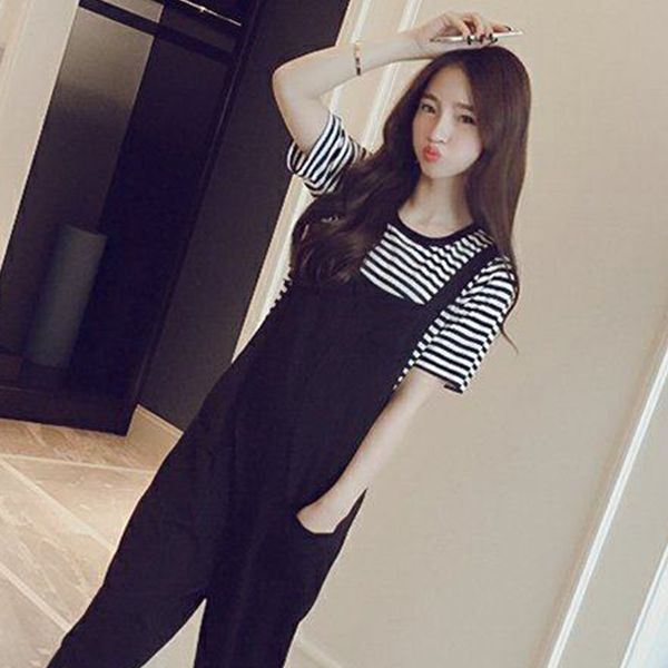 2019 Women Girls Casual Loose Striped Tops Bib Pants Two Piece