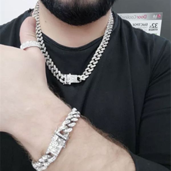 

hip hop iced out paved rhinestones 1set 13mm gold silver full miami curb cuban chain cz bling rapper necklaces for men jewelry