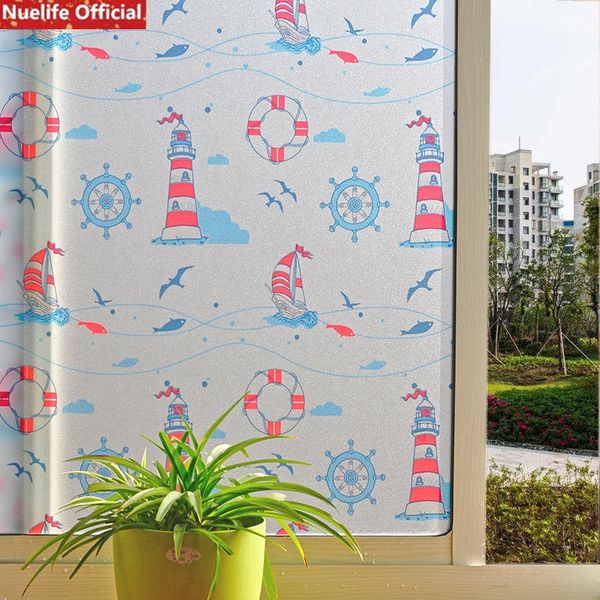 

blue nautical boat and lighthouse electrostatic frosted glass film bathroom kids room kindergarten opaque window stickers other home d