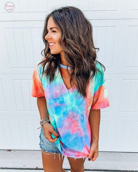 

2020 summer women tie dye print short t shirt short sleeve tshirt harajuku camiseta mujer tee shirt short femme streetwear, White