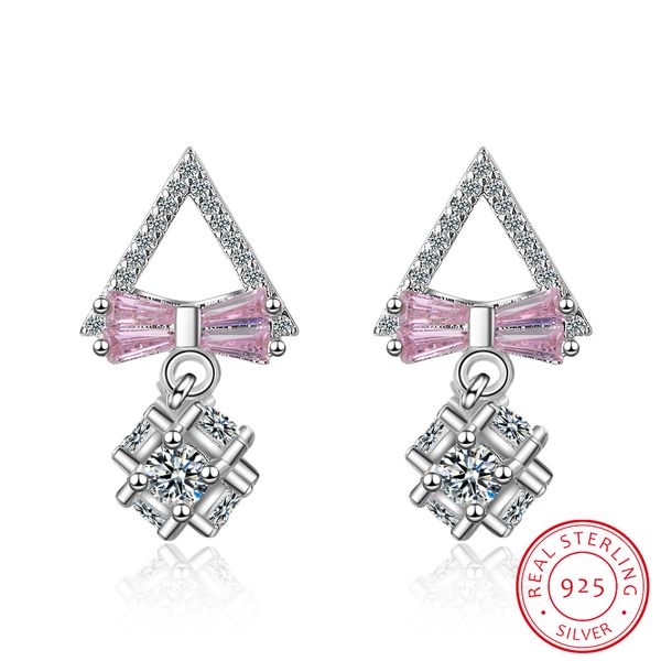 

charming 925 sterling silver ultra-flash zirconia geometric triangle bowknot earrings for women gift oorbellen s-e815, Golden;silver