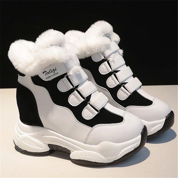 

winter plush warm snow boots platform women ankle boots 8cm height increasing thick sole hook & loop female booties, Black