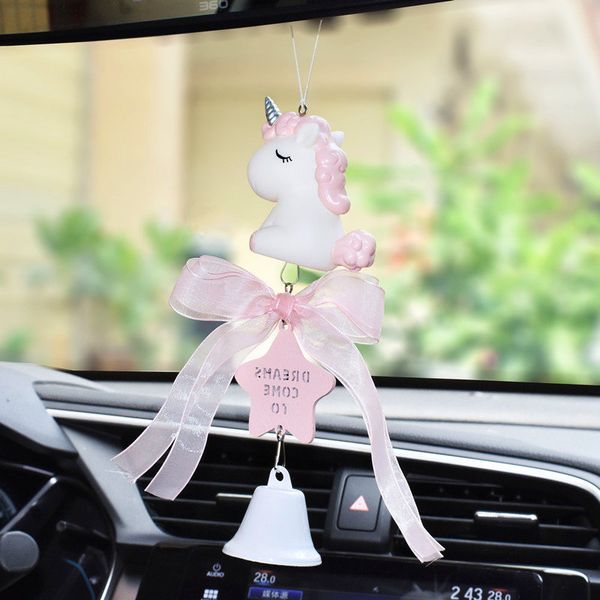 

lovely unicorn car pendant lace bowknot bells styling hanging ornaments rearview mirror decor auto accessories for girls gift