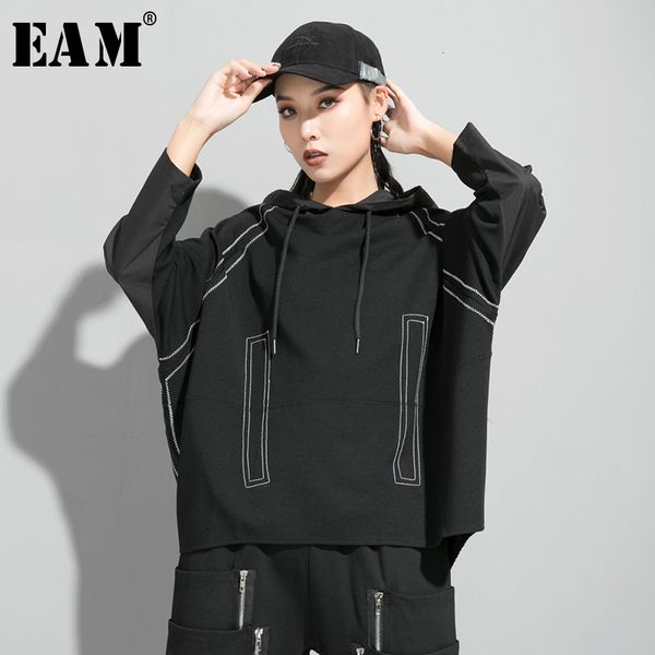 

eam] свободная посадка черная линия сплит негабаритные толстовка новый капюшоном с длинным рукавом женщины большой размер мода весна осень, Black