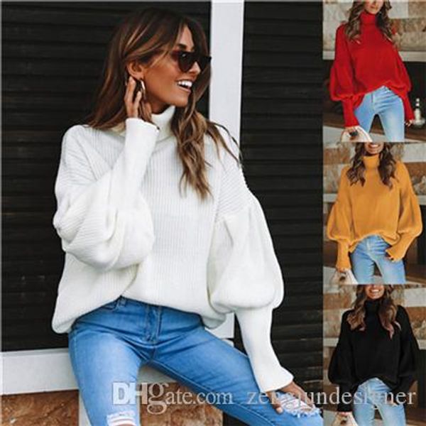 

womens autumn designer fashion sweater turtleneck lantern sleeve pullover casual cute style clothing, White;black