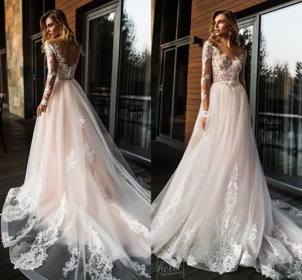 

2019 Blush Pink Sexy Boho Wedding Dresses V Neck Long Sleeves Beach Bohemian Bridal Gowns Sweep Train Vestidos De Noiva