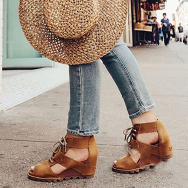 

ribetrini elegant lace-up peep toe shoes women fashion high height increasing gladiator sandals cool rome high sandals, Black