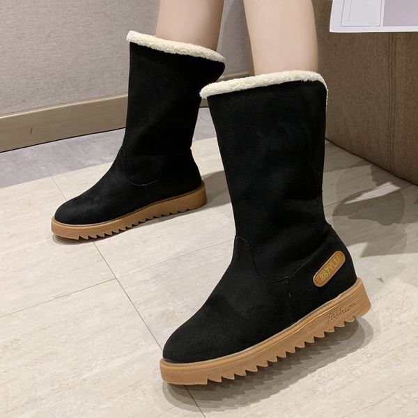 

fashion women flat plush insole snow boots suede slip-on solid color flock keep warm mid boots keep warm round toe snow shoes, Black