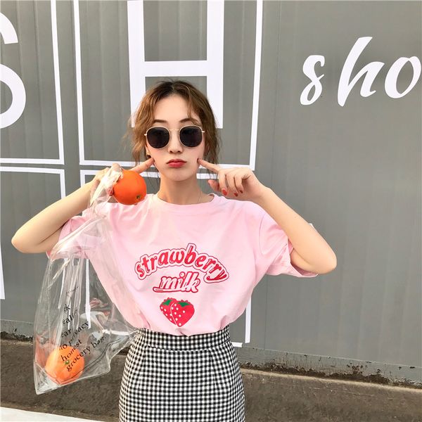 

женская дизайнерская одежда женщина рубашка harajuku kawaii сыпучие strawberry milk тенниска топы женские летние корейский моды tshirt симпа, White