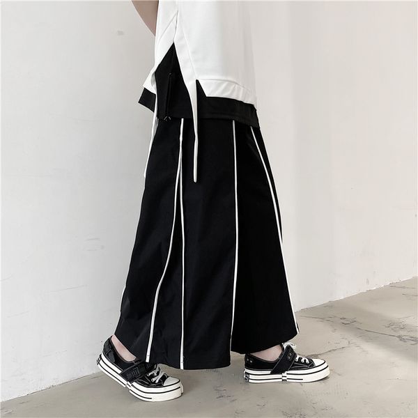 

20ss men casual pants wide leg pants elastic waist casual straight suit flare male dark japan style streetwear trousers, Black