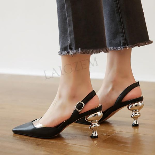 

leather women heels pumps slingbacks metal heels handmade tacco chaussure 2020 summer 7cm shoes woman size 33 38 39, Black