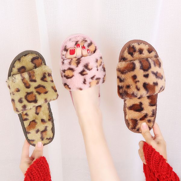 

new leopard ladies babouche fluffy warm peluche fur slippers house shoes woman soft sole antiskid slides winter flip flops, Black