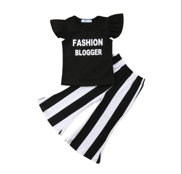 

toddler girls kids clothes round neck sleeveless ruffle letter print pullover t-shirts striped trousers 2pc cotton baby outfits, White