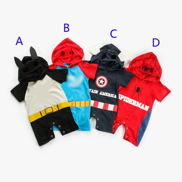 

Baby boy girl avenger 4 romper new kid uperhero cartoon piderman captain america co play hort leeve hooded romper clothe b11
