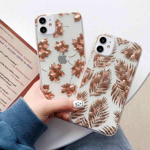 гальваническое сусальное золото чехол для телефона iphone 11 pro x xr xs max 8 7 plus листья прозрачное покрытие мягкая задняя крышка imd