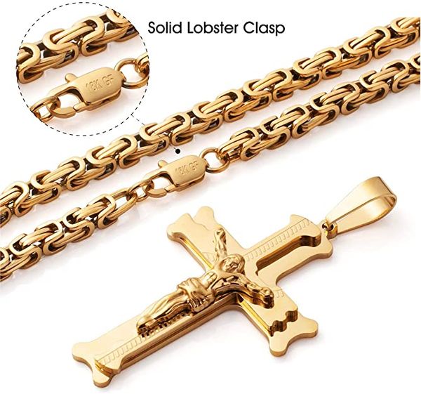 

gold color cross jesus pendant stainless steel byzantine chain gold necklace set for men, Silver