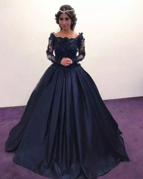 Sonbahar kış lacivert uzun kollu balo elbiseleri Beaau Dantel Saten Masquerade Balo Gowns African Akşam resmi elbiseler hy4046