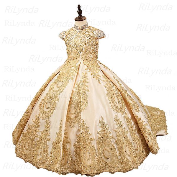 

golden beads flower girl dresses for wedding fashionable pageant gown sleeveless lace appliques holy communion dresses for girl, Red;yellow
