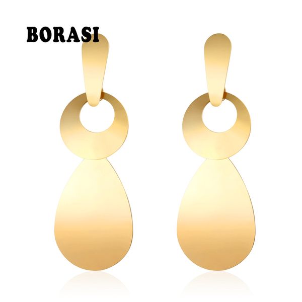 

borasi jewelry wholesale hollow circle water drop gold color stainless steel hyperbole long dangle earrings for women party gift, Golden