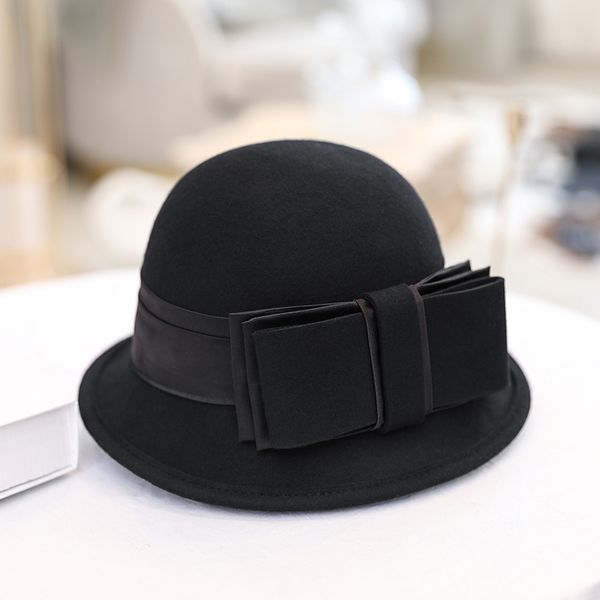 

h288 autumn winter woolen ladies fedoras hat women british retro wool felt cap women korean fashion bowknot elegant simple hats, Blue;gray