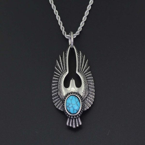 

hip hop eagle wings pendant necklaces for men bohemia turquoise animal luxury necklace stainless steel cuban chains fashion jewelry, Silver