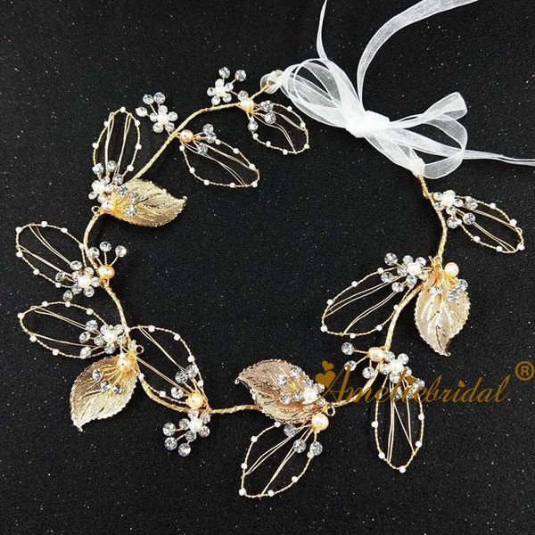 

women head ornaments hair vine leaf accessories wedding bridal headband tiara bridesmaid rhinestone headpiece, Golden;white