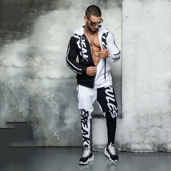 

мужская tracksuit весенняя мода повседневная мужчины фитнес-комплекты письмо лоскутная капюшоном запуск толстовка sweatpants спортивный кост, Gray